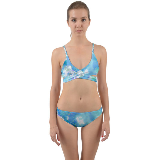 Light Blue Hibiscus Impressionist Wrap Around Bikini Set