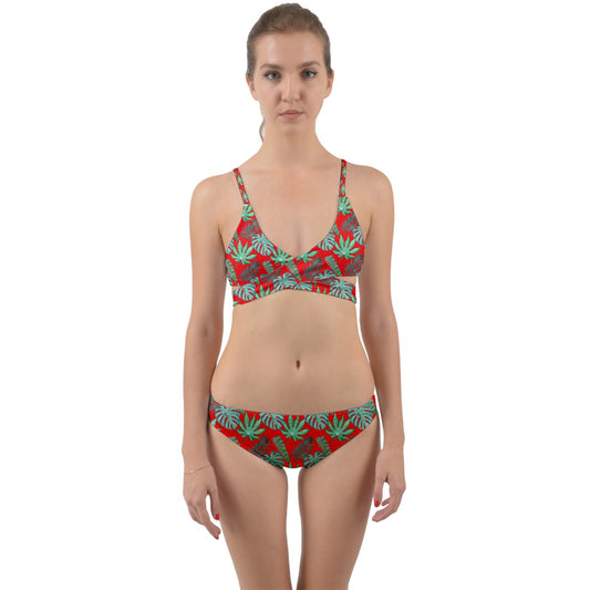 Monstera Fern Christmas Colors Wrap Around Bikini Set