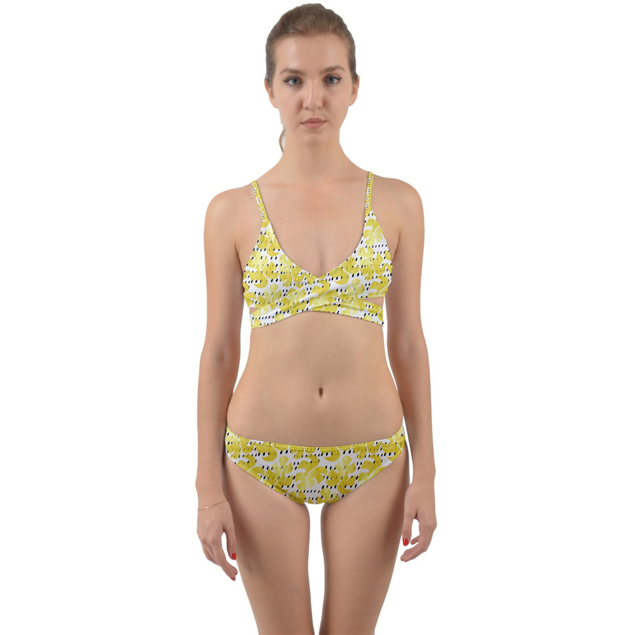 Yellow Monstera With Black Dots Wrap Around Bikini Set