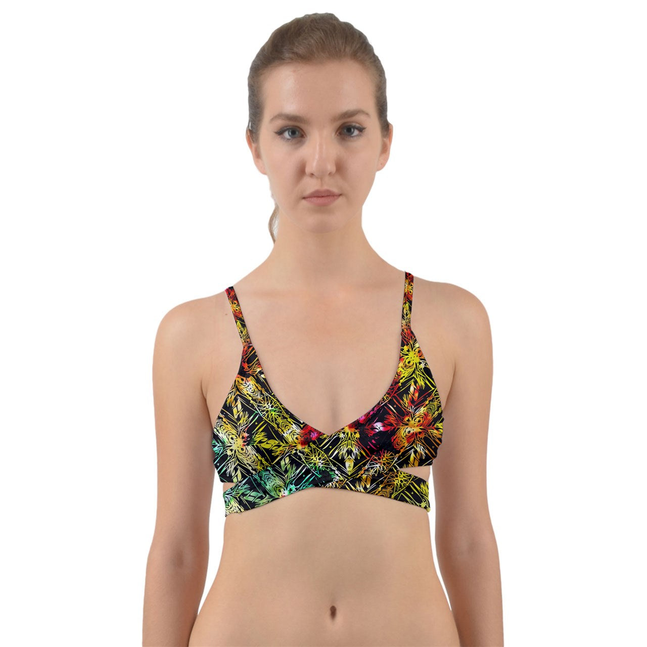 Abstract Color Chevron Fern Wrap Around Bikini Top