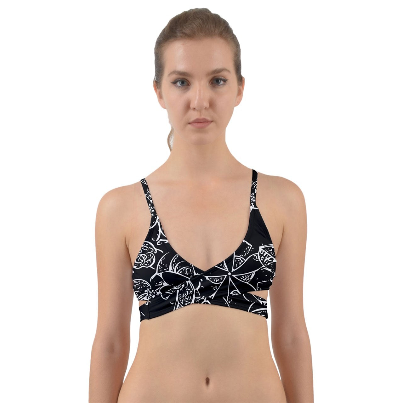 Black And White Plumeria Wrap Around Bikini Top