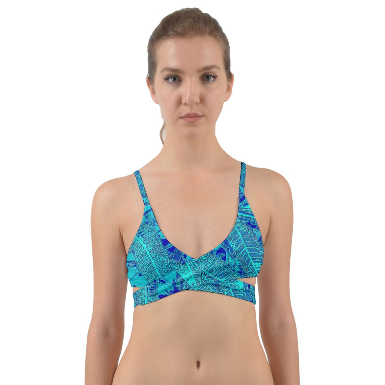 Blue Croton Leaves Wrap Around Bikini Top