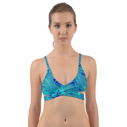 Blue Croton Leaves Wrap Around Bikini Top