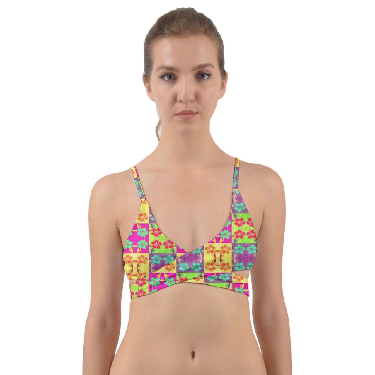 Bright Hibiscus Checkerboard Wrap Around Bikini Top