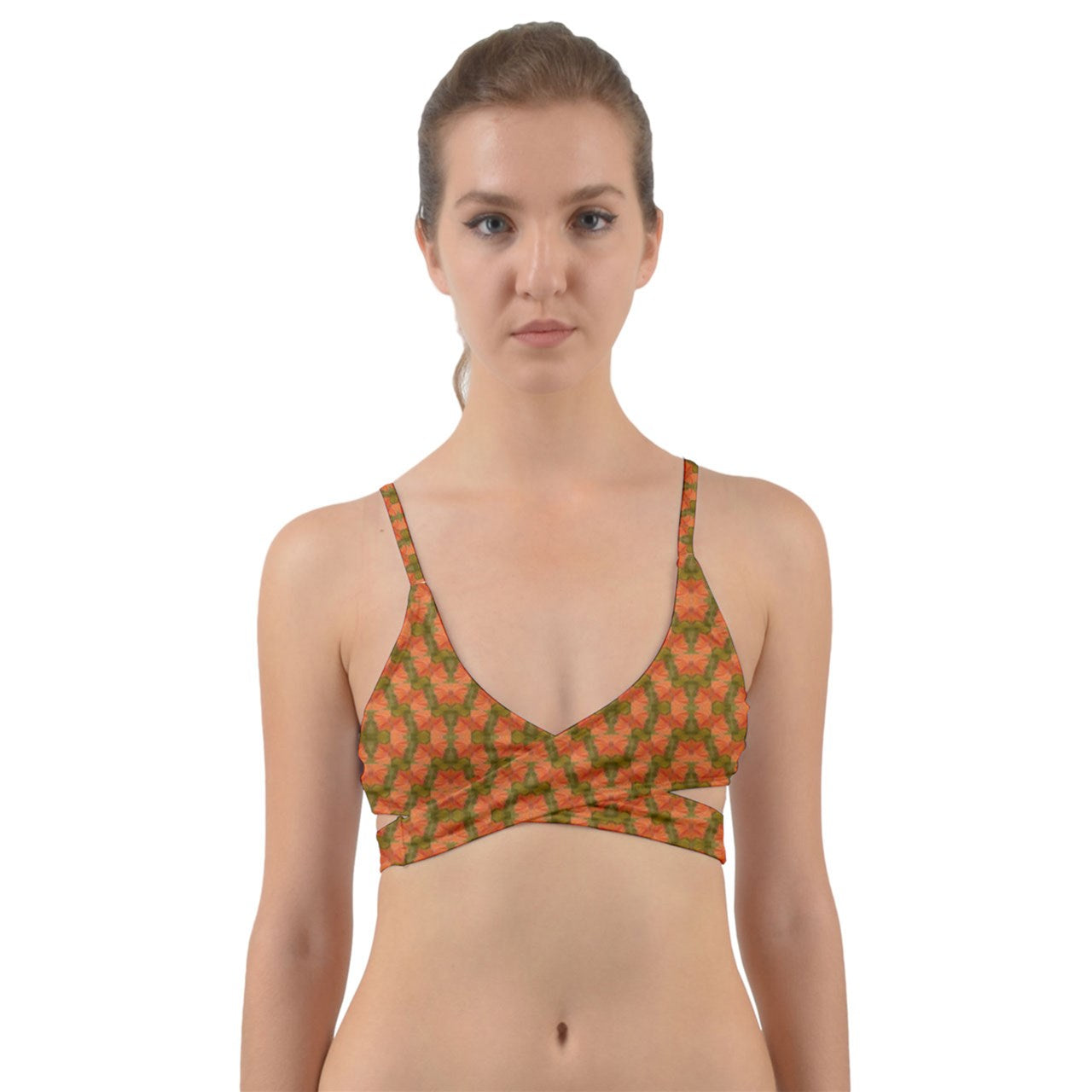 Green And Orange Hibiscus Diamonds Wrap Around Bikini Top