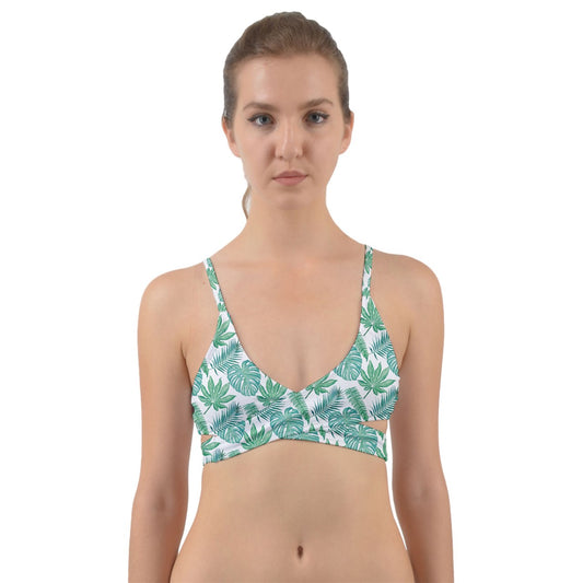 Green Monstera With Palms On White  Wrap Around Bikini Top