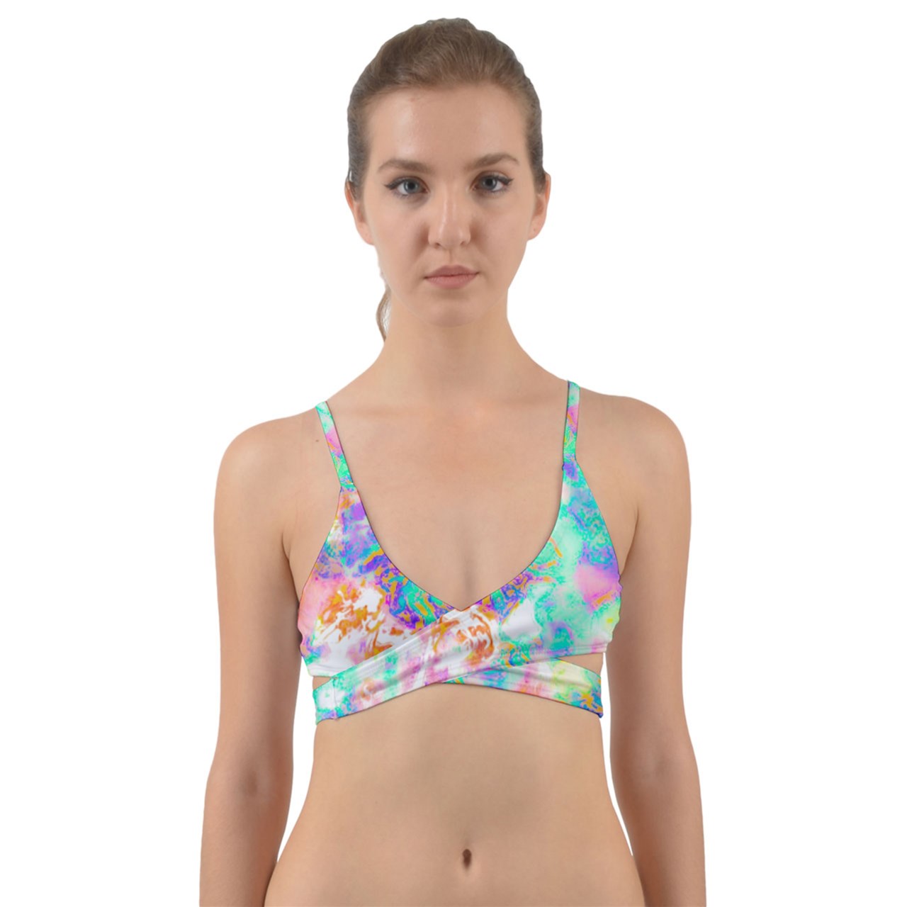 Green Purple Hibiscus Impressionist Wrap Around Bikini Top