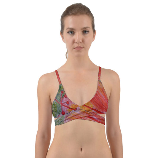 Handdrawn Orange Hibiscus On Green Wrap Around Bikini Top