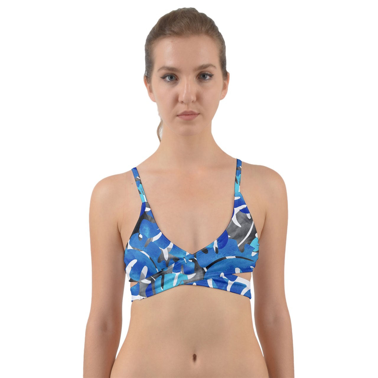 Large Blue And Gray Monstera Wrap Around Bikini Top