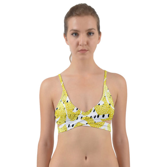 Large Yellow Monstera With Black Dots Wrap Around Bikini Top