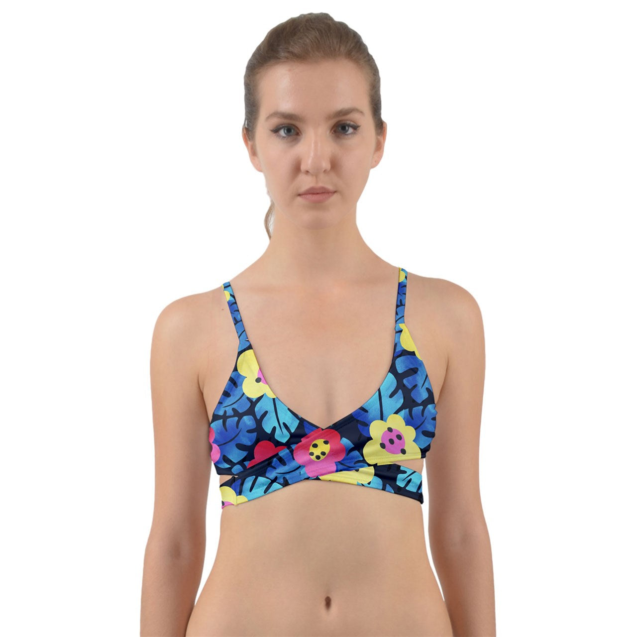 Tropical Flowers And Ladybugs Inverted Wrap Around Bikini Top