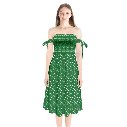 Shoulder Tie Bardot Midi Dress New Green Dots