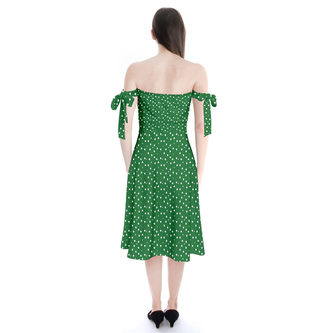 Shoulder Tie Bardot Midi Dress New Green Dots