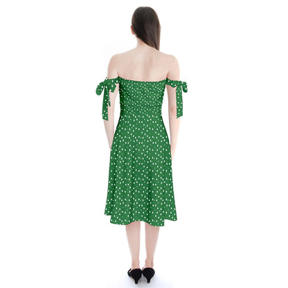 Shoulder Tie Bardot Midi Dress New Green Dots