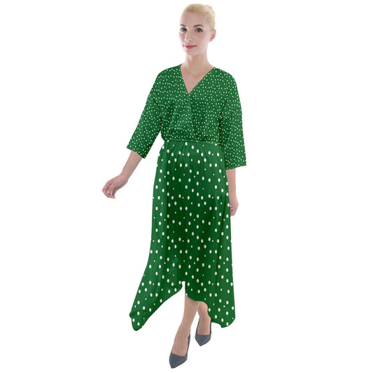 Quarter Sleeve Wrap Front Maxi Dress New Green Dots