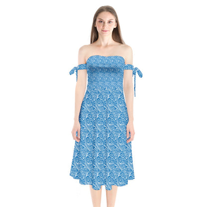 Shoulder Tie Bardot Midi Dress Blue Wind