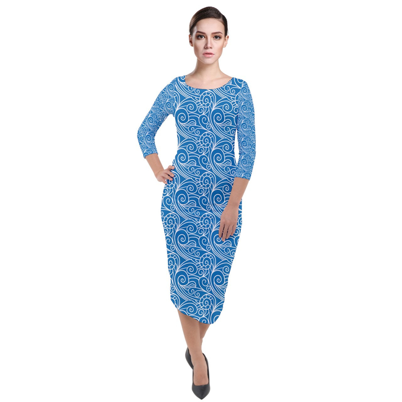 Quarter Sleeve Midi Velour Bodycon Dress Blue Wind