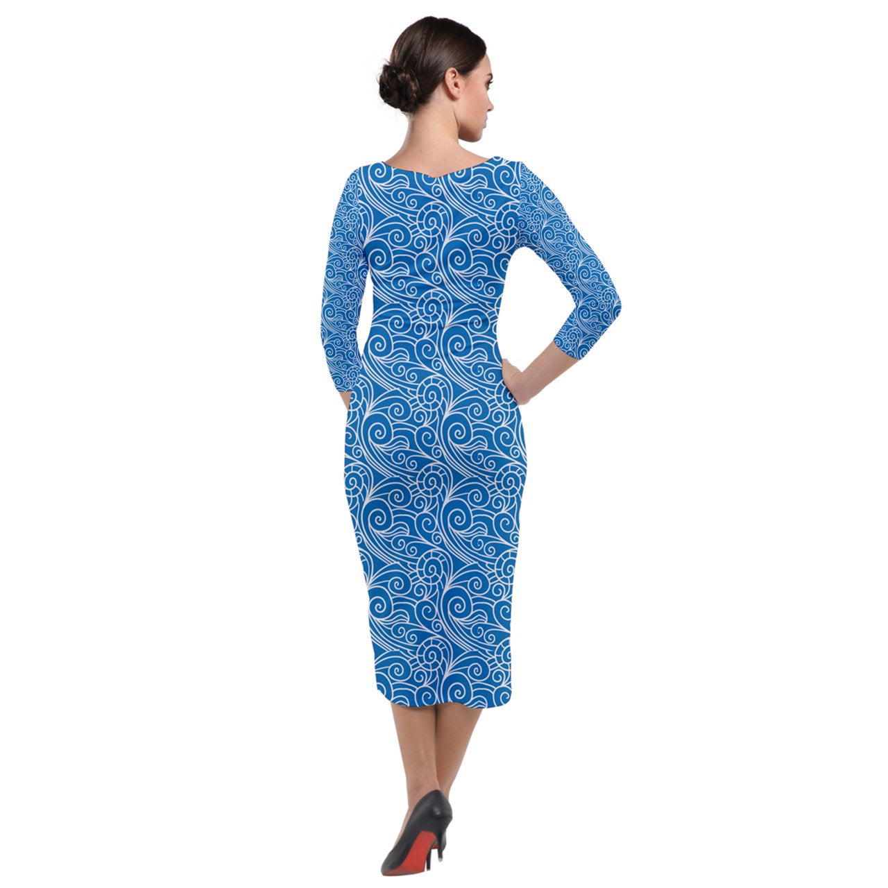 Quarter Sleeve Midi Velour Bodycon Dress Blue Wind