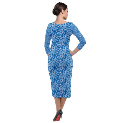 Quarter Sleeve Midi Velour Bodycon Dress Blue Wind