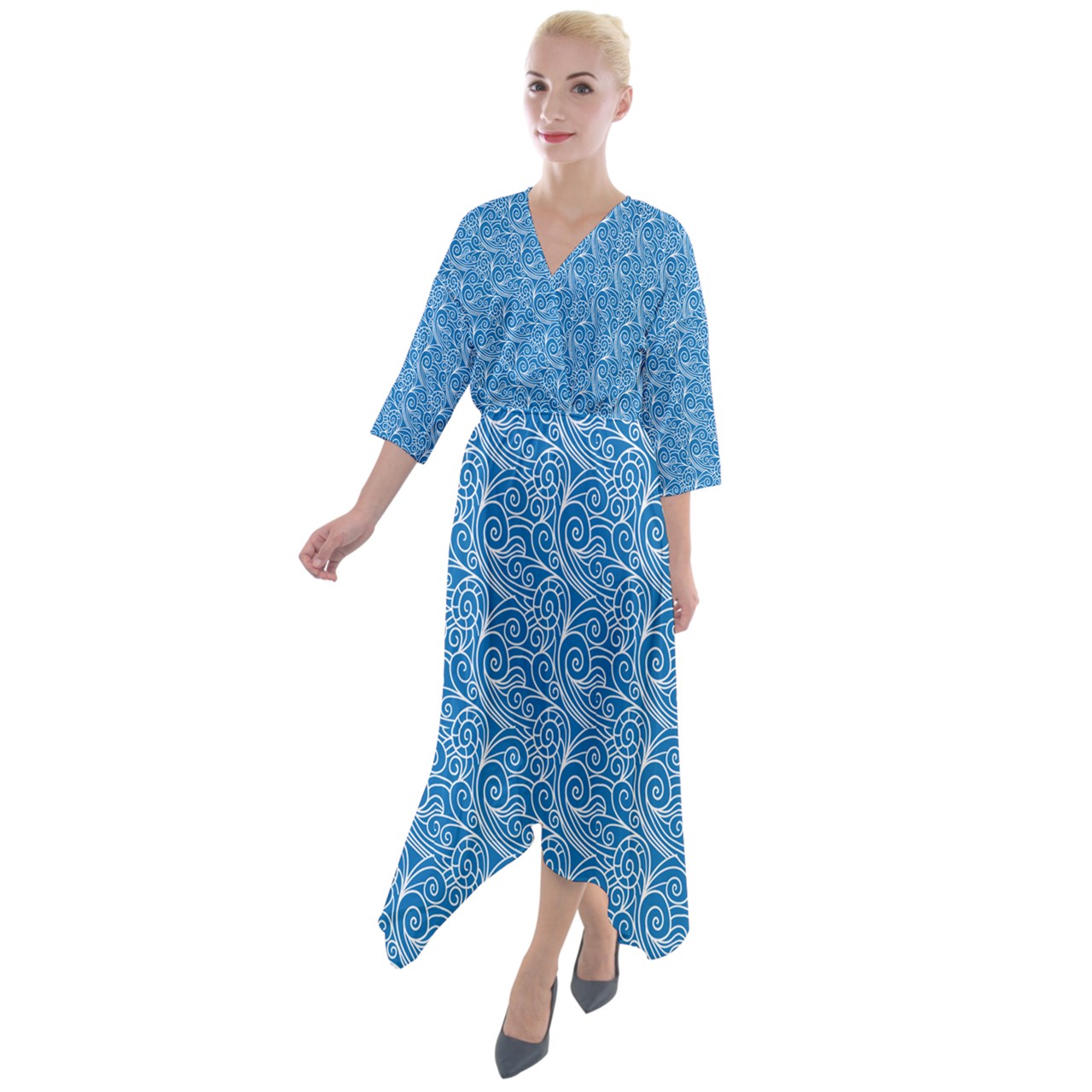 Quarter Sleeve Wrap Front Maxi Dress  Blue Wind