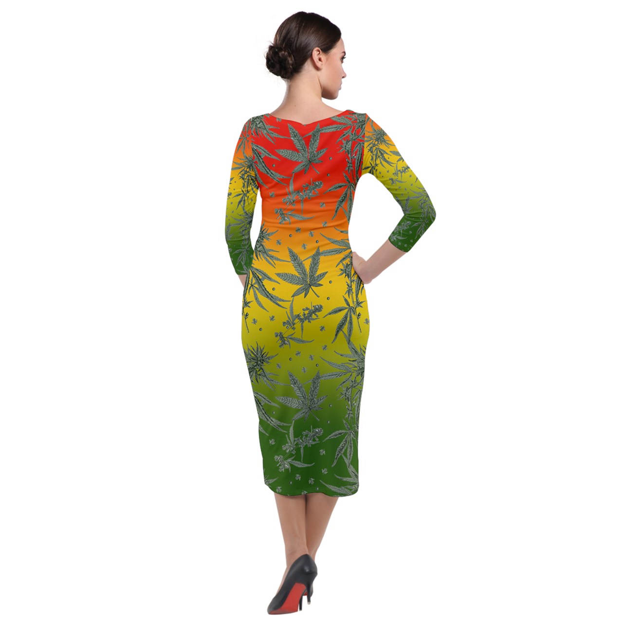 Marijuana Quarter Sleeve Midi Velour Bodycon Dress