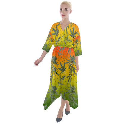 Marijuana Quarter Sleeve Wrap Front Maxi Dress