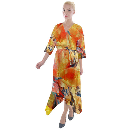 Quarter Sleeve Wrap Front Maxi Dress