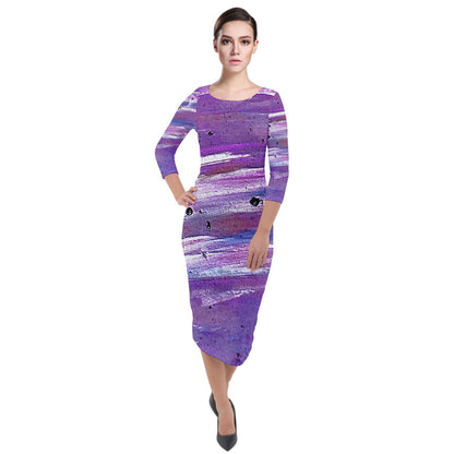 Purple Quarter Sleeve Midi Velour Bodycon Dress