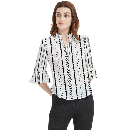 African Mudcloth #20 Loose Horn Sleeve Chiffon Blouse