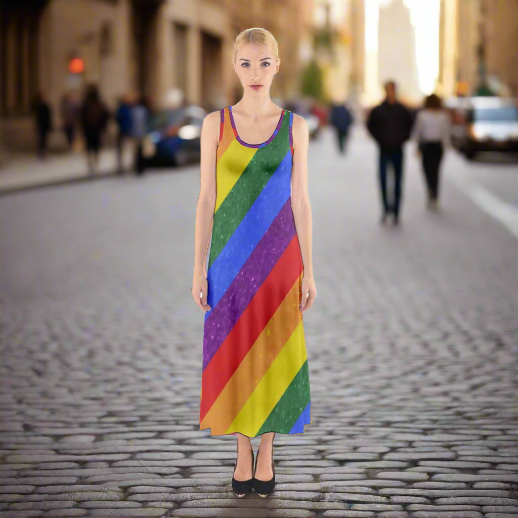 Rainbow Pride LGBTQ+ Sleeveless Maxi Dress - Colorful Celebration Attire for Adults