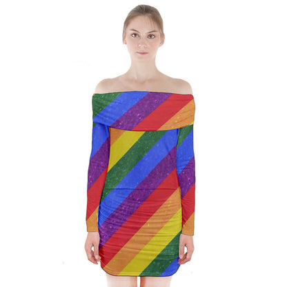 Rainbow Pride Long Sleeve Off Shoulder Dress