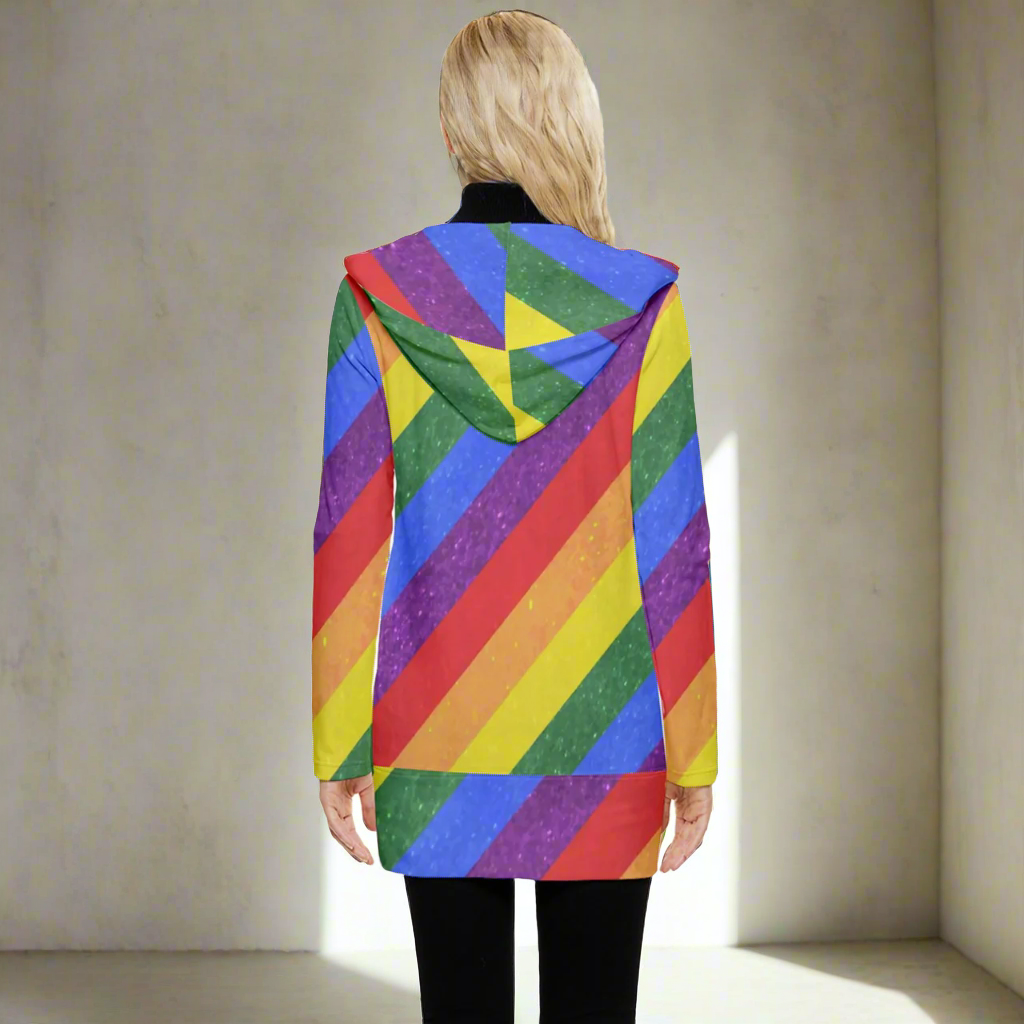 Vibrant Rainbow Pride Hooded Coat: Oversized Button-Up Jacket for LGBTQ+ Winter Fashion