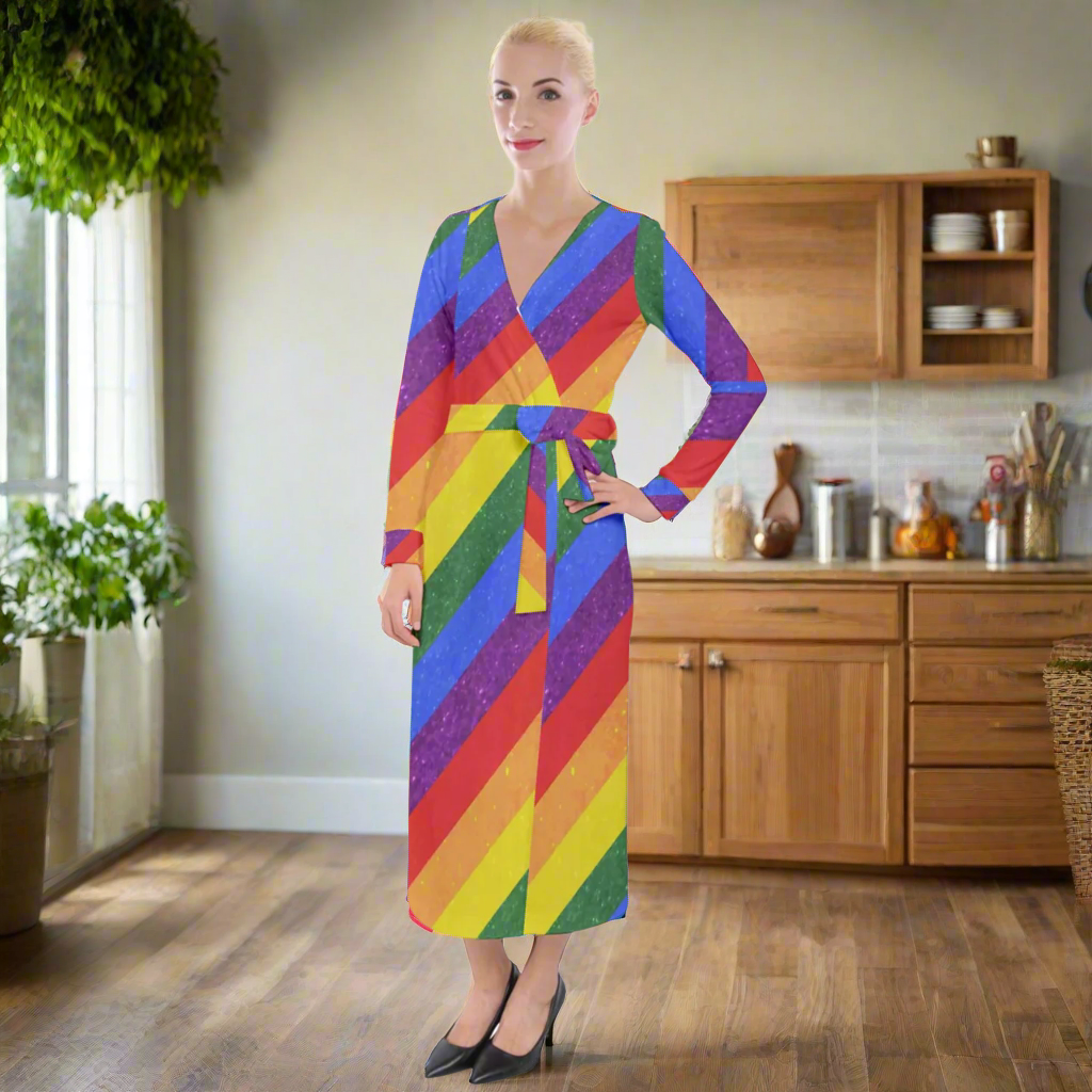 Rainbow Pride LGBTQ+ Velvet Maxi Wrap Dress - Elegant Evening Gown for Queer Celebrations