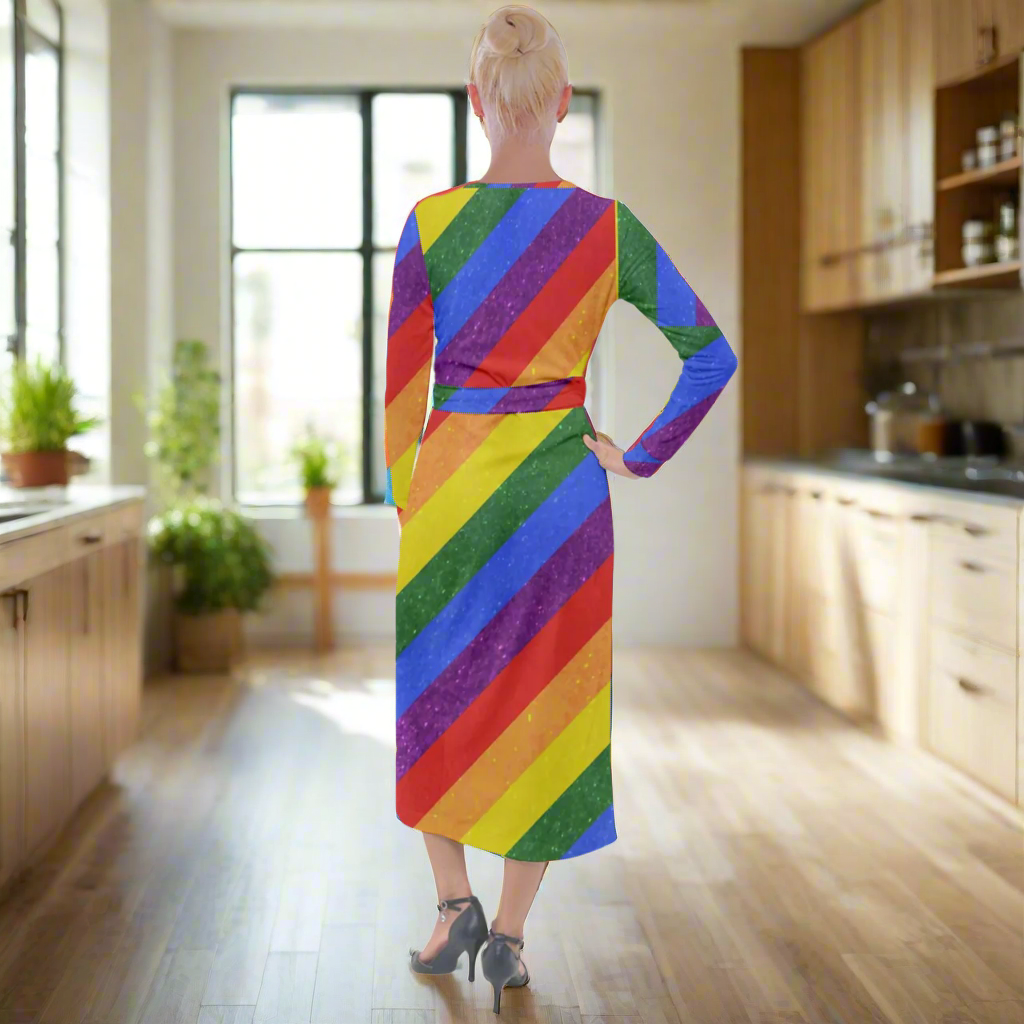 Rainbow Pride LGBTQ+ Velvet Maxi Wrap Dress - Elegant Evening Gown for Queer Celebrations