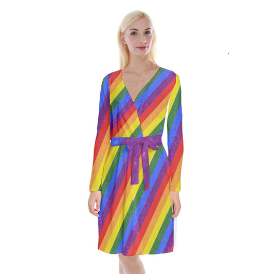 Rainbow Pride Long Sleeve Velvet Front Wrap Dress