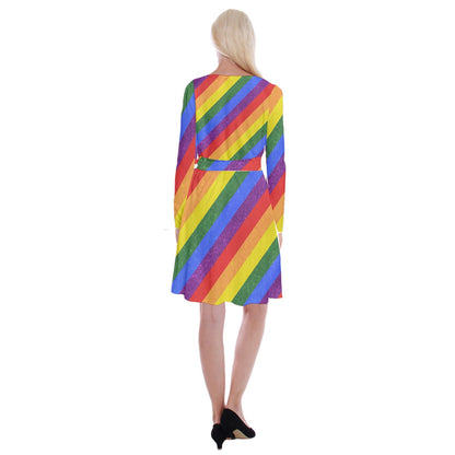 Rainbow Pride Long Sleeve Velvet Front Wrap Dress