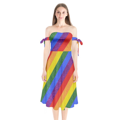 Rainbow Pride Shoulder Tie Bardot Midi Dress by Luxtrini