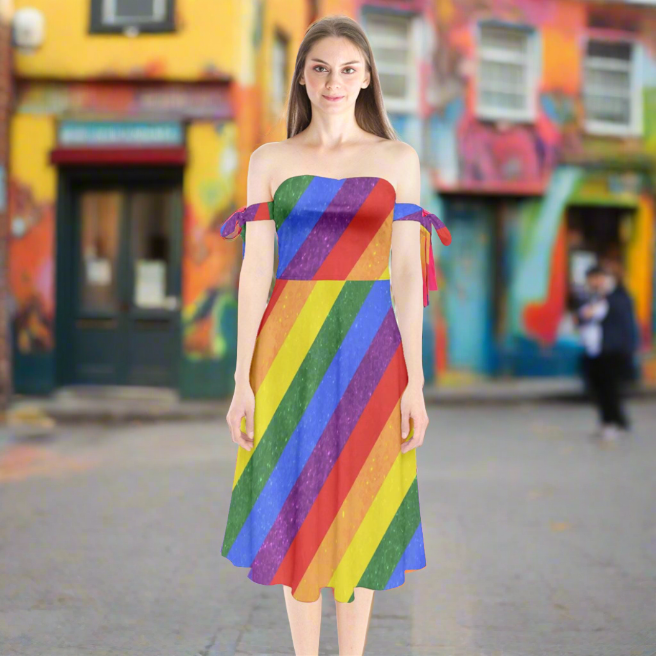 Rainbow Pride Shoulder Tie Bardot Midi Dress by Luxtrini