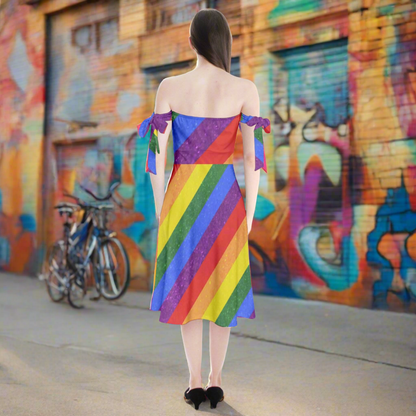 Rainbow Pride Shoulder Tie Bardot Midi Dress by Luxtrini