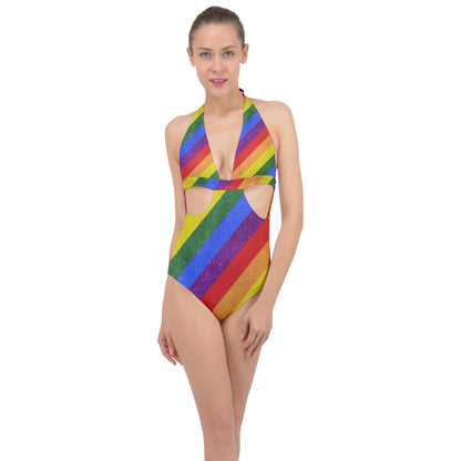 Rainbow Pride Halter Front Plunge Swimsuit