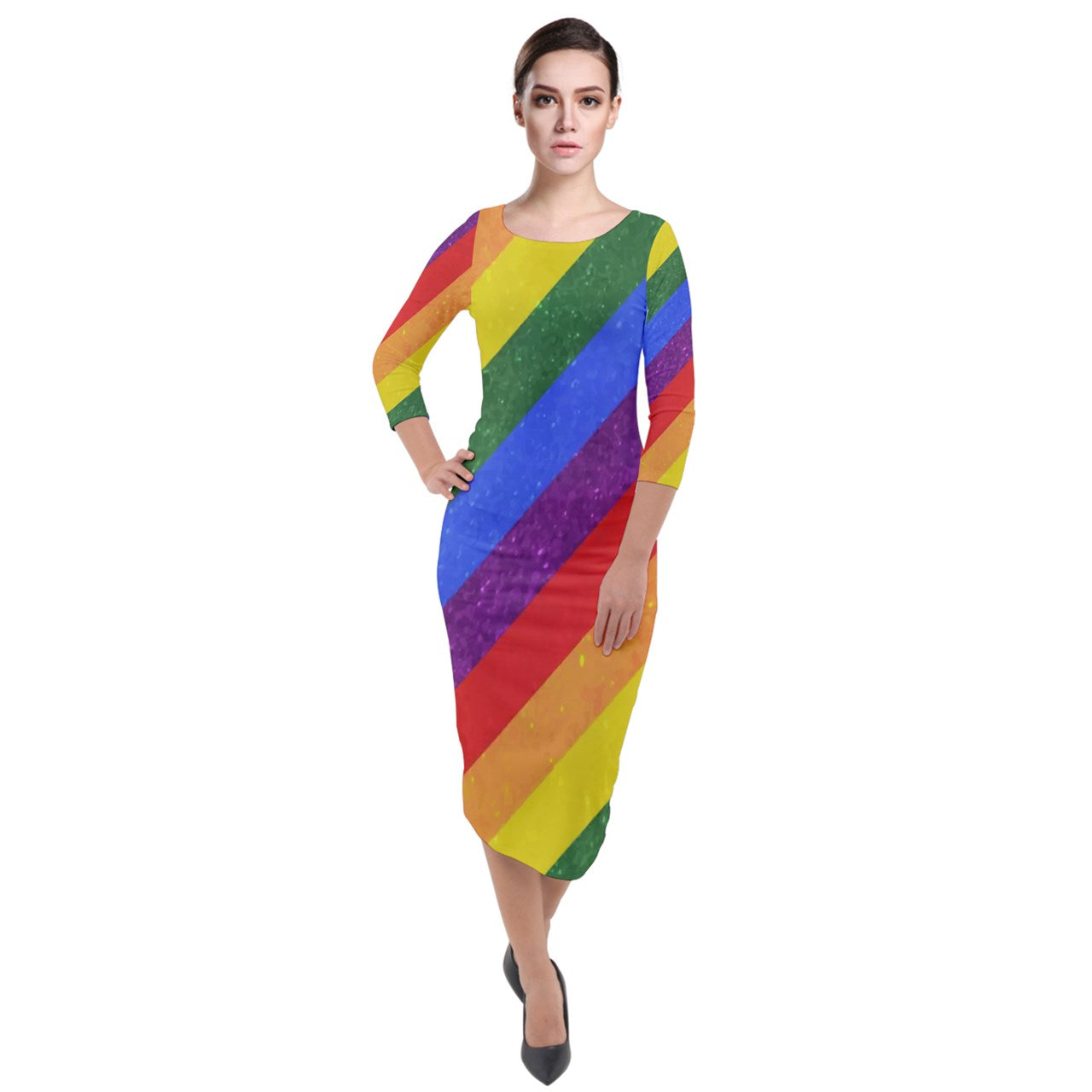 Rainbow Pride Quarter Sleeve Midi Velour Bodycon Dress