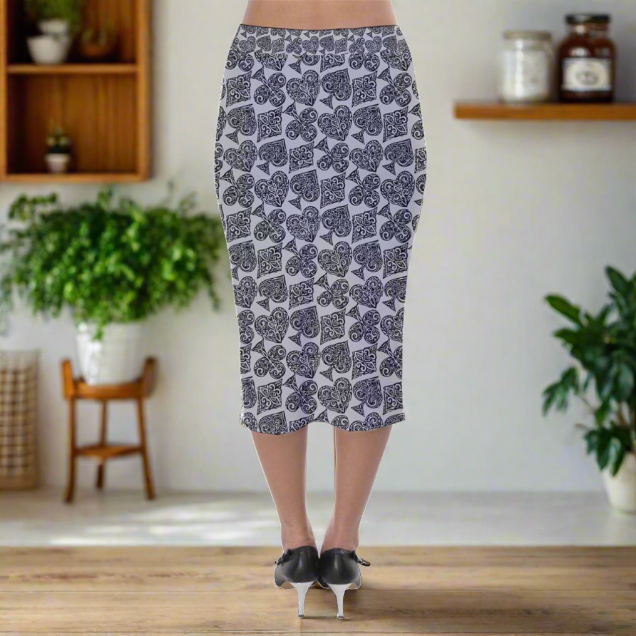 Playing Cards Gray Velvet Midi Pencil Skirt - Luxurious Comfort and Chic Winter Style