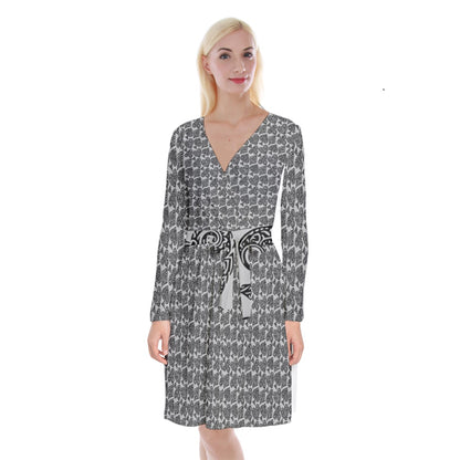 Playingcards-grey Long Sleeve Velvet Front Wrap Dress