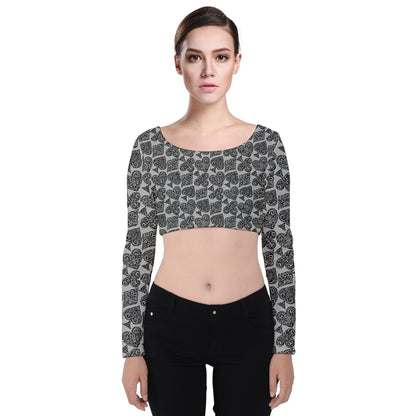 Playingcards-grey Velvet Long Sleeve Crop Top