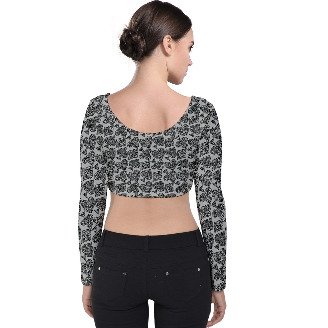 Playingcards-grey Velvet Long Sleeve Crop Top