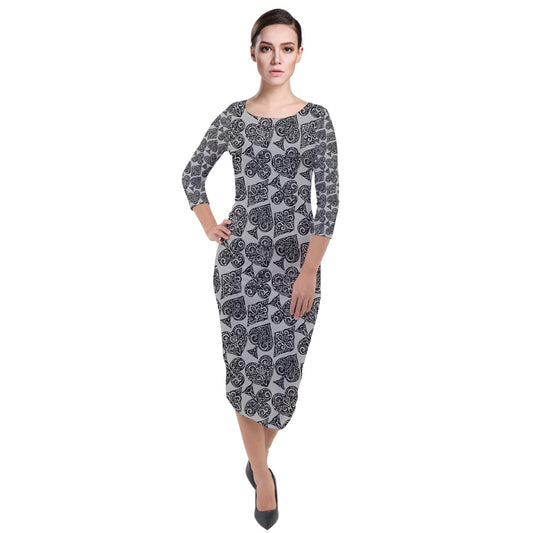 Playingcards-grey Quarter Sleeve Midi Velour Bodycon Dress