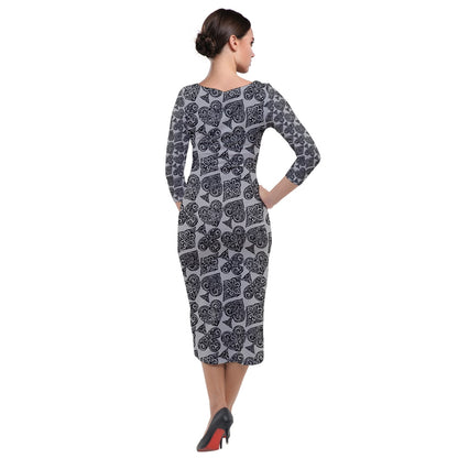 Playingcards-grey Quarter Sleeve Midi Velour Bodycon Dress