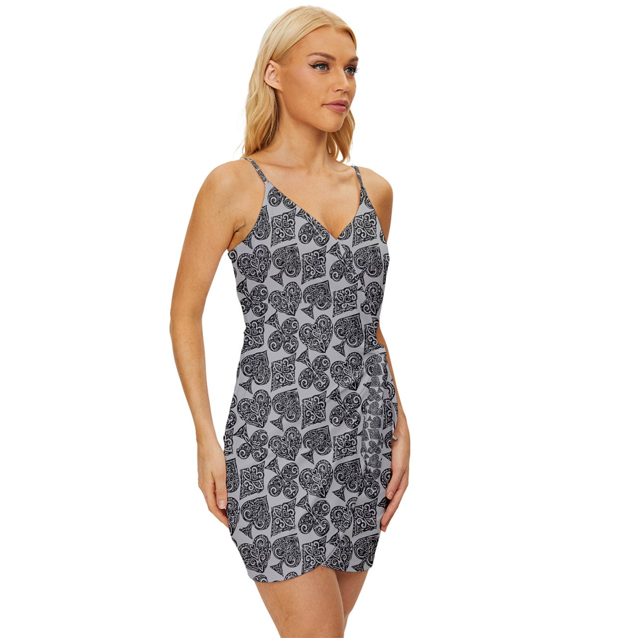 Playingcards-grey Wrap Tie Front Dress