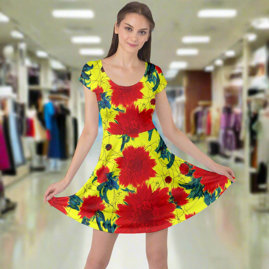 Red Flowers on Yellow Cap Sleeve Dress