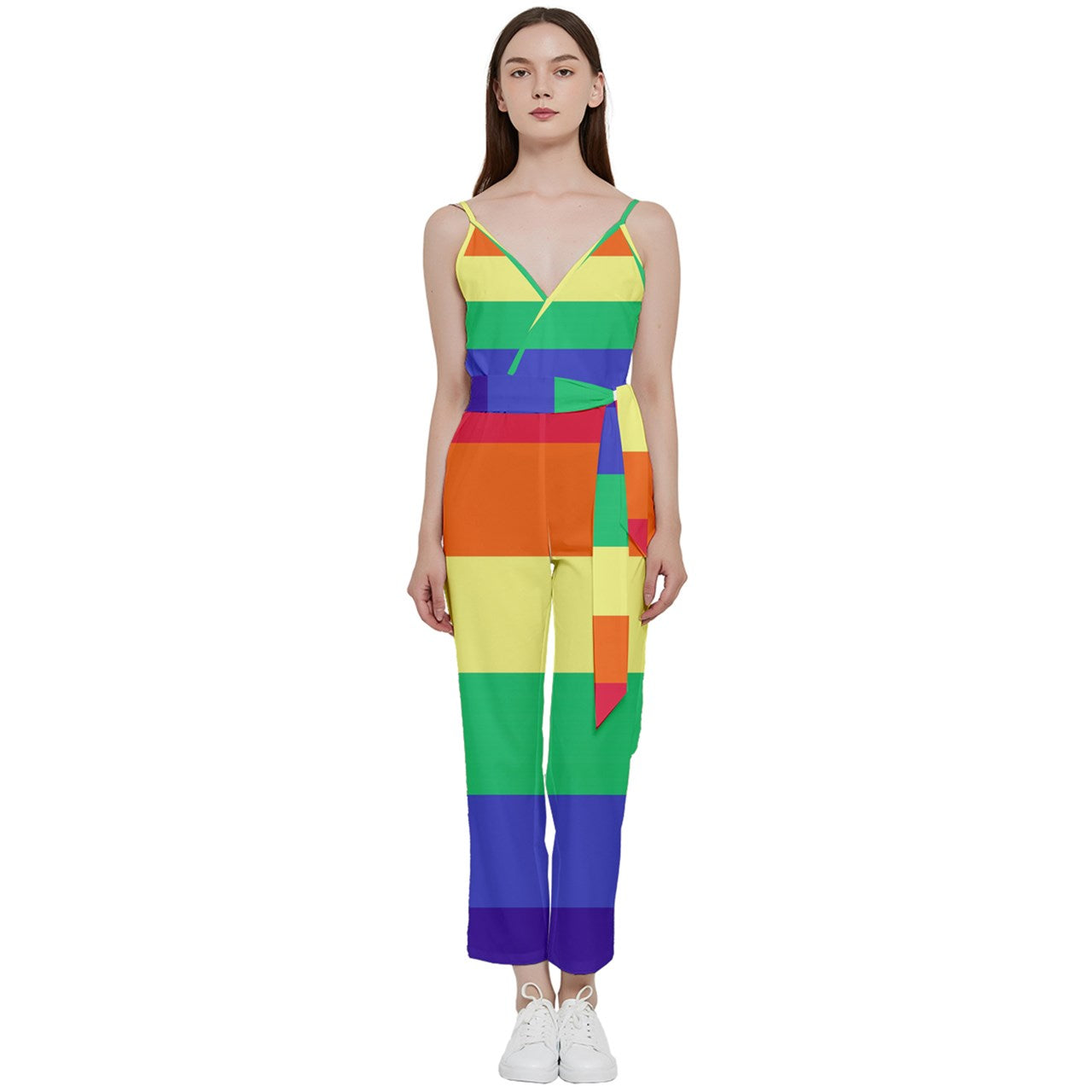 LGBTQ Rainbow Pride #12 V-Neck Spaghetti Strap Tie Front Jumpsuit